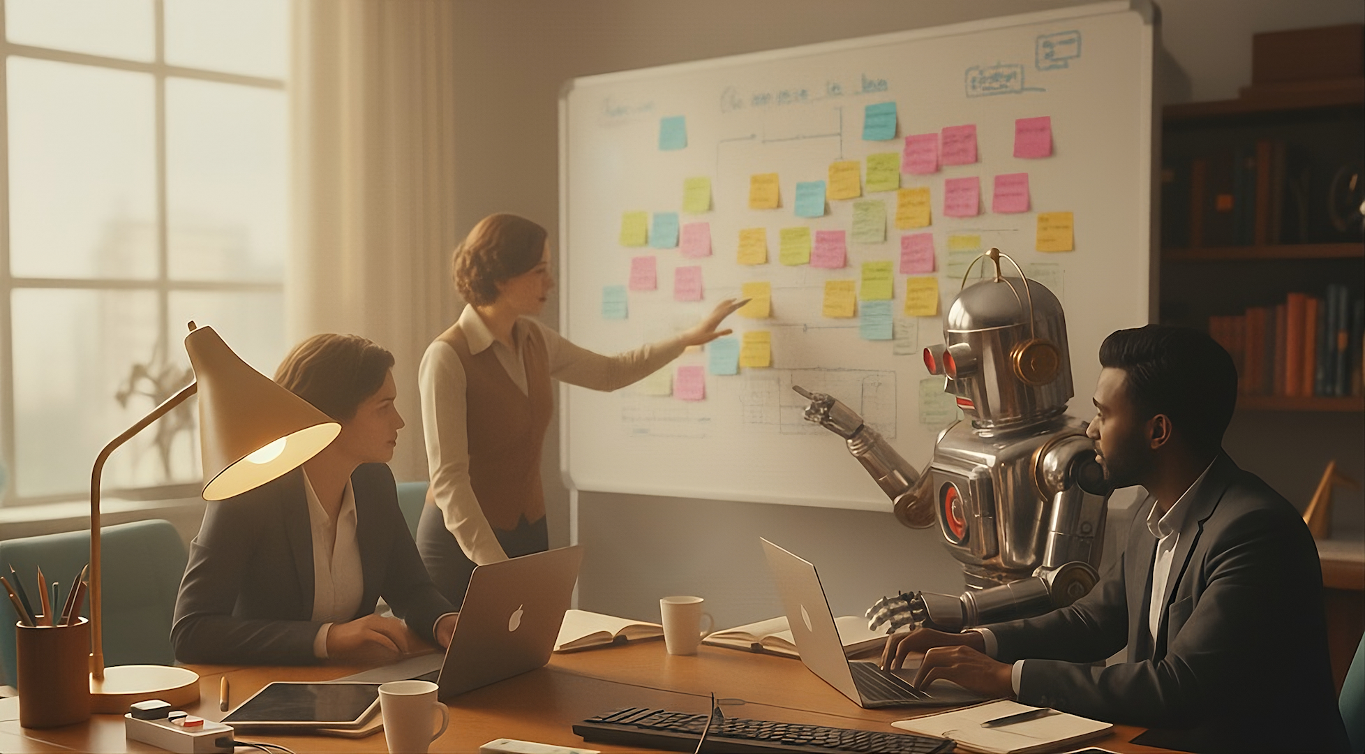 Team collaborating around a whiteboard with sticky notes